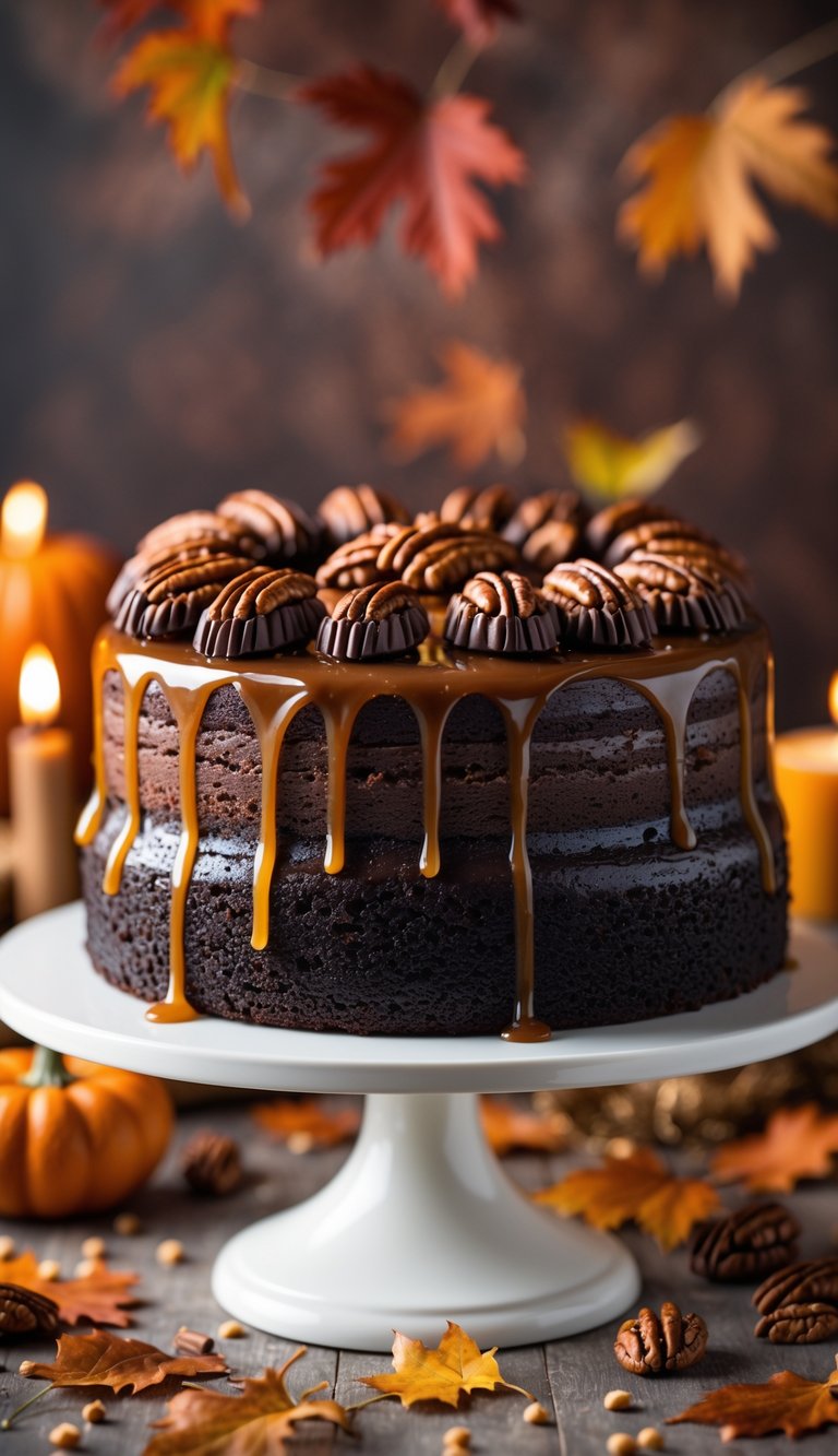 A dark chocolate cake topped with salted caramel and pecans on a white stand surrounded by autumn leaves and small pumpkins.